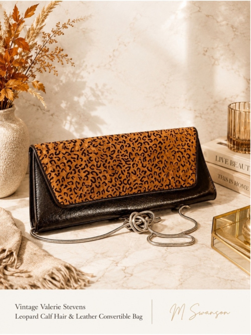 Vintage Valerie Stevens Leather & Leopard Print Calf Hair Clutch Shoulder Bag